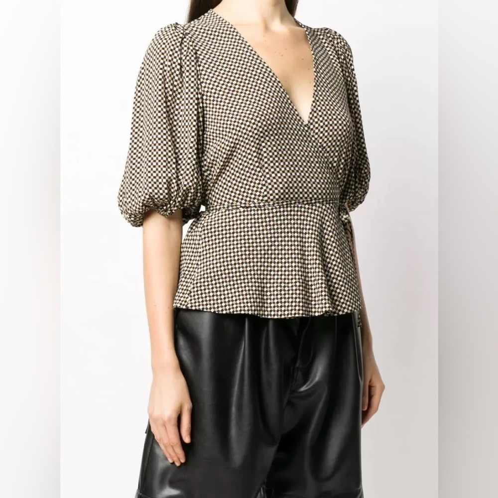 GANNI Tannin Checkered V-Neck Crossover Wrap Blouse Puff Sleeve Navy/Tan Sz 40 L